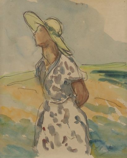 Léonard BORDES (1898-1969) Fille du peintre à la robe imprimée
Dessin au crayon et...