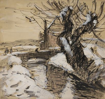 Léonard BORDES (1898-1969) Paysage au pont sous la neige
Dessin à l’encre, lavis...