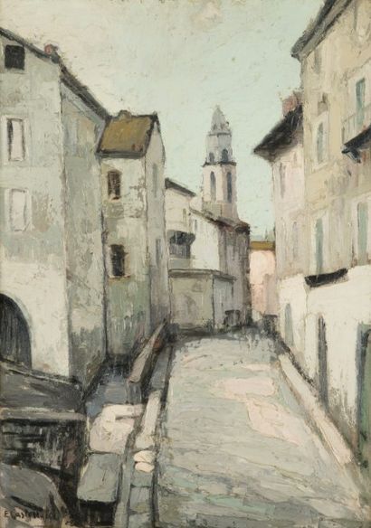 CASTELLANI (XXe siècle) Rue de village en Italie.
Huile sur panneau.
Signée en bas...