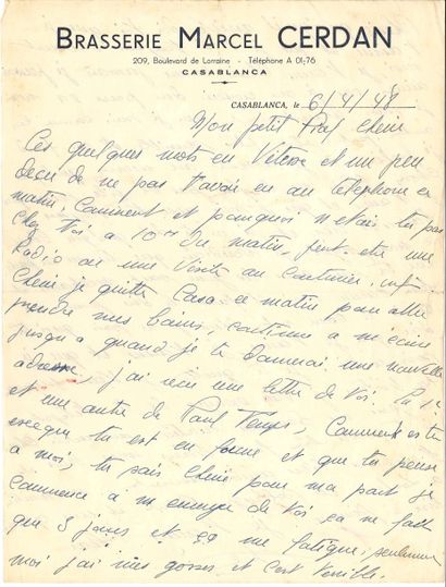 null Marcel CERDAN. L.A.S. « Jules », Casablanca 6 avril 1948, à Édith Piaf ; 2 pages...
