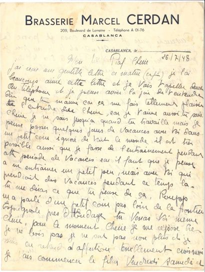 null Marcel CERDAN. L.A.S. « Marcel », Casablanca 26 juillet 1948, à Édith Piaf ;...