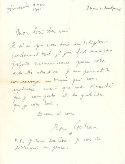 null Jean COCTEAU. L.A.S., Paris 18 mars 1945, à un ami ; 1 page in-4.

Il n’a pu...