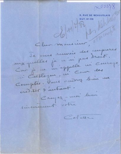 null COLETTE. L.A.S., [Paris 9 mai 1938], au directeur de Lit Tout ; 1 page petit...