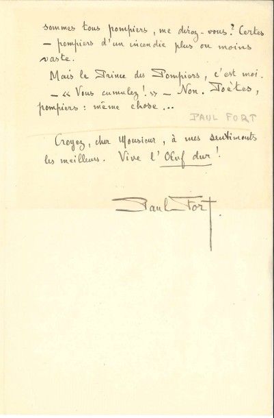 null Paul FORT (1872-1960).
L.A.S., Paris 15 mars 1921, à la revue L’Œuf dur ; 1...