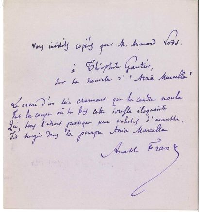 null Anatole FRANCE (1844-1924).
Poème autographe signé, À Théophile Gautier, sur...