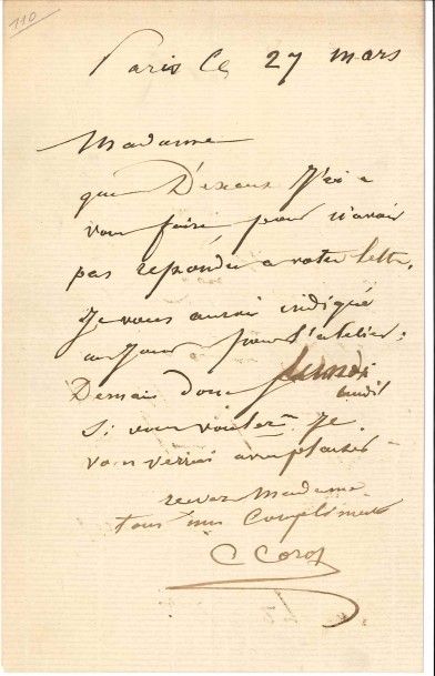 null Camille COROT (1796-1875).
L.A.S., Paris 27 mars, à une dame ; 1 page in-8.

Il...