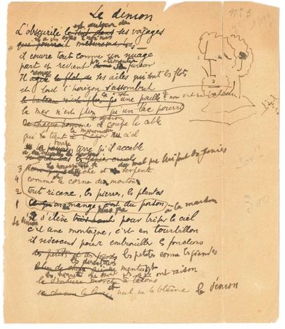 null Max JACOB (1876-1944).
Manuscrit autographe avec dessin, Le Démon, [vers 1924] ;...