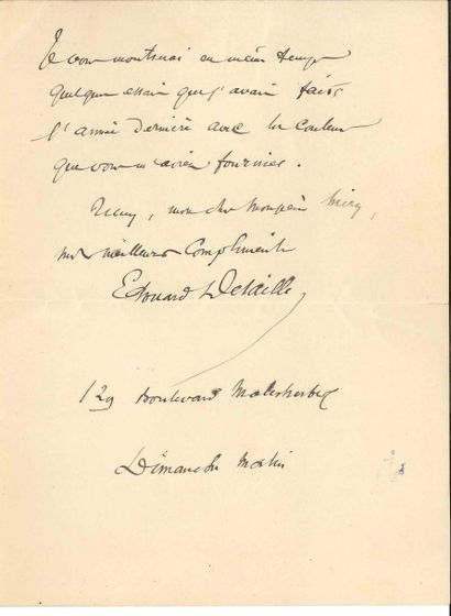 null Édouard DETAILLE (1848-1912).
L.A.S., Paris Dimanche matin, à M. Méry ; 2 pages...