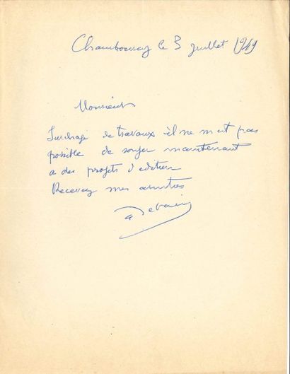 null André DERAIN (1880-1954).
L.A.S., Chambourcy 3 juillet 1949 ; demi-page in-4.

« Surchargé...