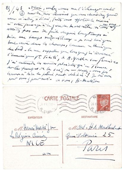 null Henri MATISSE. L.A.S., [Nice] 25 janvier 1943, à Henry de Montherlant à Paris ;...
