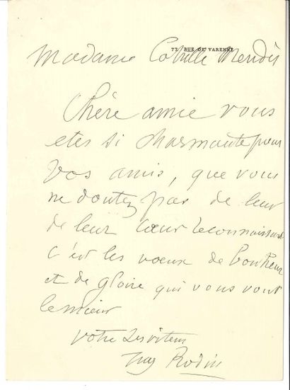 null Auguste RODIN (1840-1917).
L.A.S. à Jane Catulle MENDÈS ; 1 page in-8 à son...