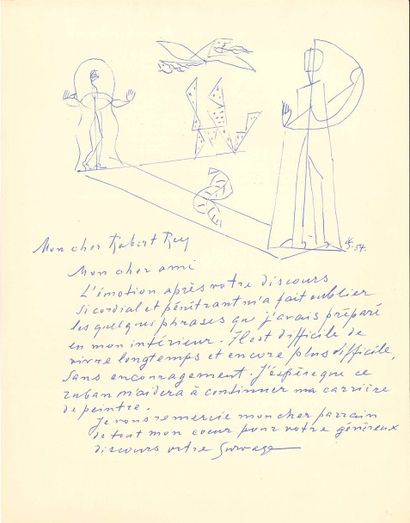 null Léopold SURVAGE (1879-1968).
L.A.S. avec dessin, 1954, au critique Robert Rey ;...