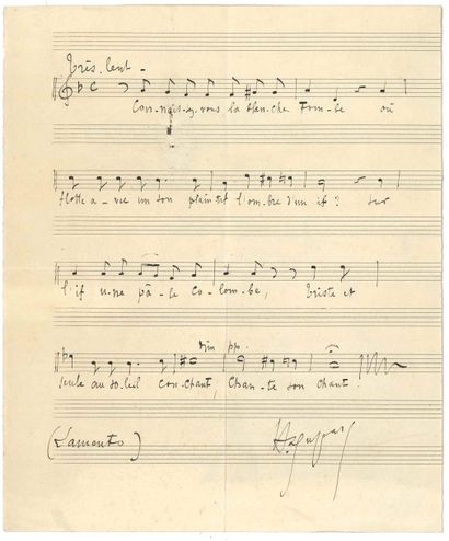 null Henri DUPARC (1848-1933).
manuscrit musical autographe signé, Lamento ; 1 page...
