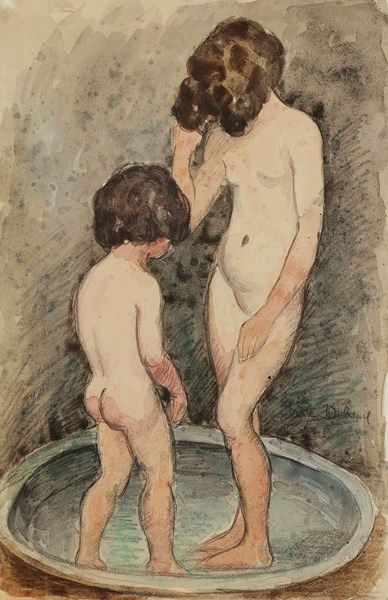Pierre DUBREUIL (1891-1970) Deux enfants au tub
Dessin à la pierre noire avec larges...