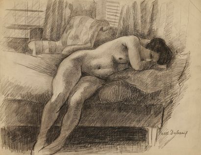 Pierre DUBREUIL (1891-1970) Femme nue assise sur un lit, le buste reposant sur un...