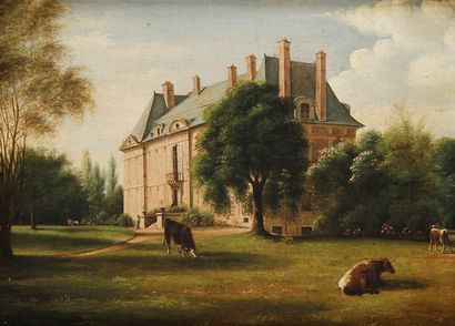 ÉCOLE fin XIXe siècle Vache dans le parc d’un château
Huile sur toile.
Cachet au...