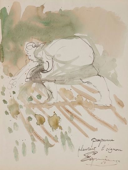 Henri ESPINOUZE (1915-1982) Paysanne plantant l’oignon, 1964
Aquarelle.
Signée datée...