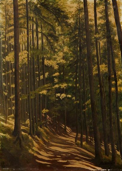 J. BOILLEAU (XIXe-XXe siècle) En forêt
Huile sur isorel.
Signée en bas à droite.
46...