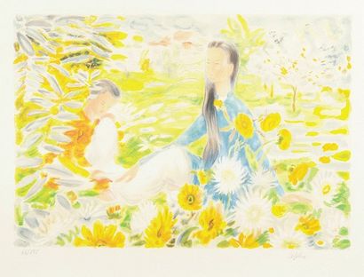 Le Pho Jeunes filles au jardin. Vers 1950. Lithographie. 550 x 380. Impression en...