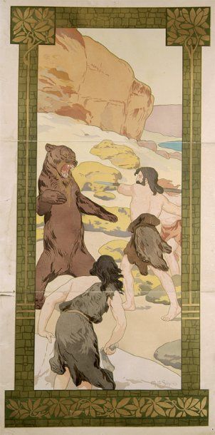 M.de Ségriès [Combat de deux hommes préhistoriques contre un ours]. Panneau décoratif....