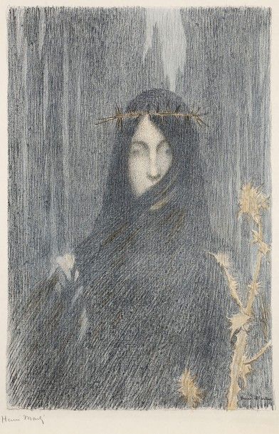 Henri Martin (1860-1943) Tête de femme, ou Femme couronnée d’épines. 1897. Lithographie....