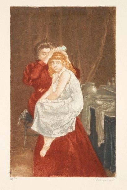 Charles Maurin (1856-1914) La Coiffure. Aquatinte. 195 x 321. Impression en couleurs....