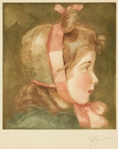 Victor Mignot (belge, 1872-1944) Fillette au bonnet. Vers 1900. Aquatinte. 
274 x 310....
