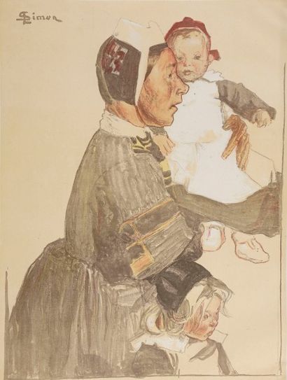Lucien Simon (1861-1945) Vieille bretonne conduisant des enfants. 1897. Lithographie....