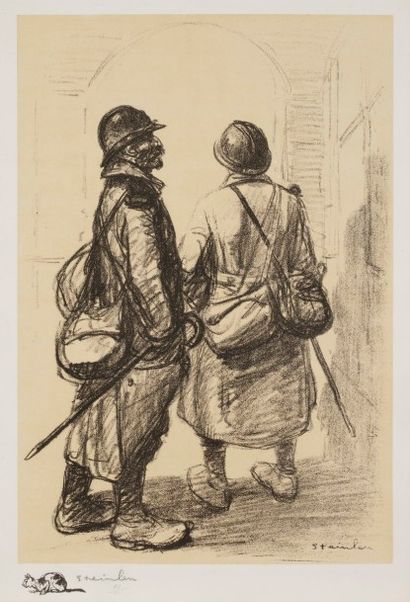 Théophile-Alexandre Steinlen (1859-1923) Les Trois amis ; Deux soldats. Vers 1915....