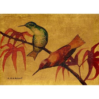 André MARGAT (1903-1999) Couple de colibris
Panneau en laque et à la feuille d’or.
Signé...