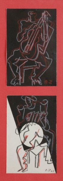 null Ossip ZADKINE (1890-1967)
Musiciens, 1963
2 dessins au crayon de couleur. 
Monogrammés...