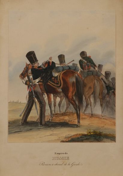 null A. MONTEN
Pionniers à cheval de la garde, circa 1830
Lithographie. Empire de...