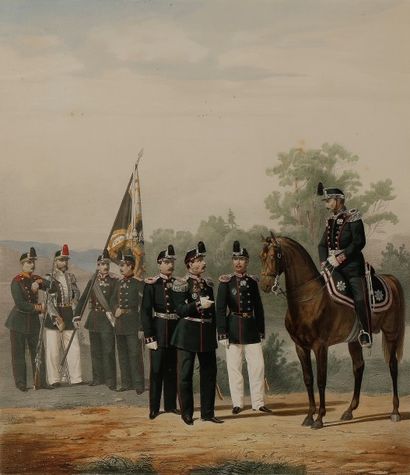 null GOUBAREV
La brigade combinée de sapeurs. 1866. 
Lithographie en couleur V. Darleng,...