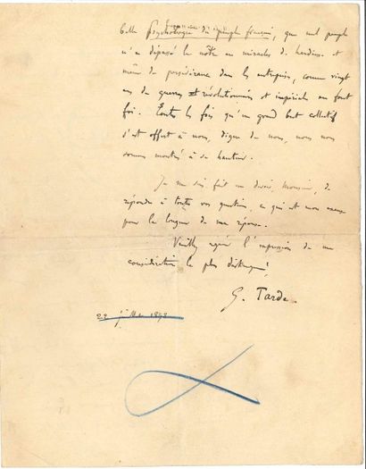 null Gabriel TARDE (1843-1904) sociologue, philosophe et criminologiste. Manuscrit...