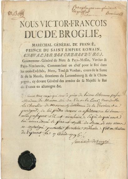 null Victor-François, duc de BROGLIE. 2 P.S., 1794-1795 ; la seconde contresignée...