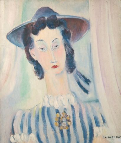 Rémy HETREAU Portrait de femme au chapeau bleu. Huile sur toile, signée en bas à...