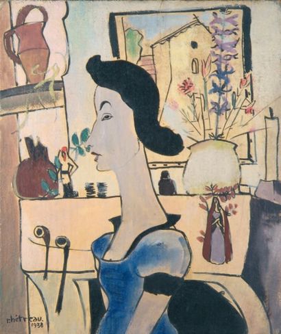 Rémy HETREAU Profil de femme à la robe bleue. 1938.Huile sur toile, signée et datée...