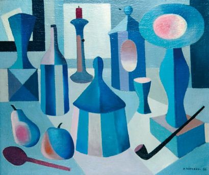 Rémy HETREAU Composition bleue. 1966.Huile sur toile, signée et datée en bas à droite....