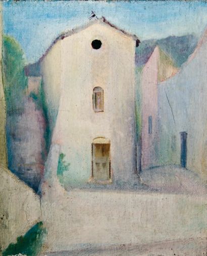 Rémy HETREAU Brantes, petite chapelle. Huile sur toile. 45 x 38 cm.
