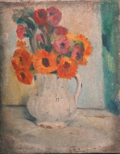 Rémy HETREAU Fleurs et pichet. Huile sur toile. 27 x 22 cm.