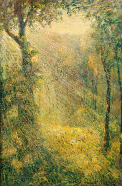 Michel-Auguste COLLE (1872-1949). Rayon de soleil en sous-bois. Huile sur toile,...
