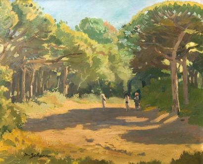 Daniel SCHOËN (1873-1955). Personnages en forêt. Huile sur toile, signée en bas à...