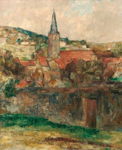Victor GUILLAUME (1880-1942). Village sur la rivière. Huile sur toile, signée en...