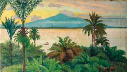 Christian COUILLAUD (1904-1964). Coucher de soleil sur le mont Cameroun, 1928. Huile...