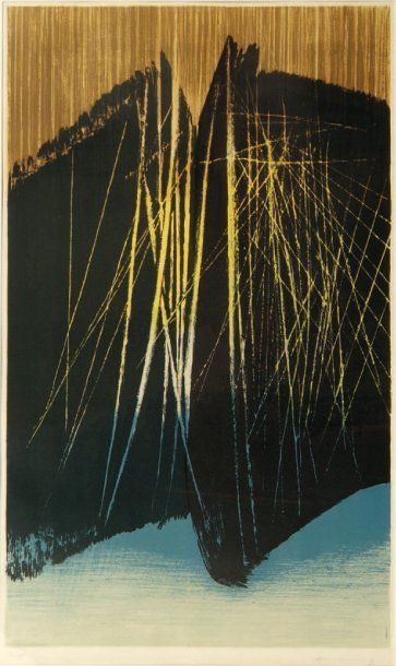 Hans Hartung (1904-1989) [Composition noire, jaune et bleue]. Vers 1970-1980. Lithographie....