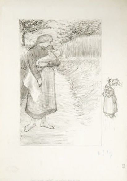 null [Jeune paysanne sur un chemin, portant un enfant dans ses bras]. Vers 1895....