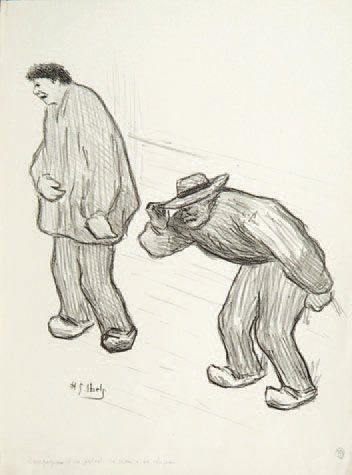 null [Deux paysans, l'un portant la main à son chapeau]. Vers 1895. Lithographie....