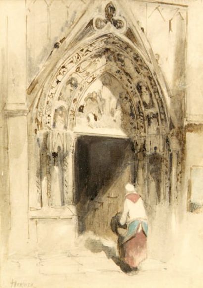 Louis-Adolphe HERVIER (1818-1879) Femme entrant à l'église. Aquarelle, signée en...