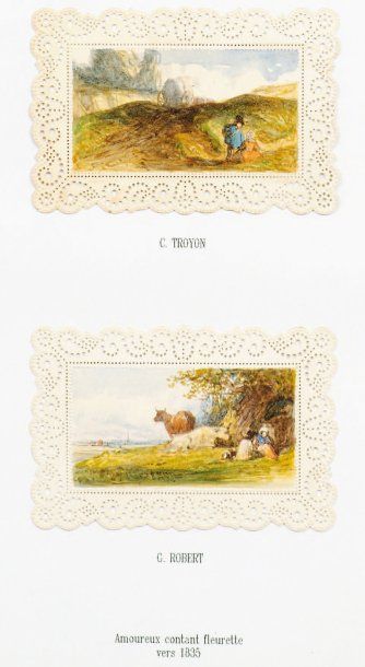 Constant TROYON (1810-1865) et G. ROBERT Les amoureux contant fleurette. Deux vignettes...