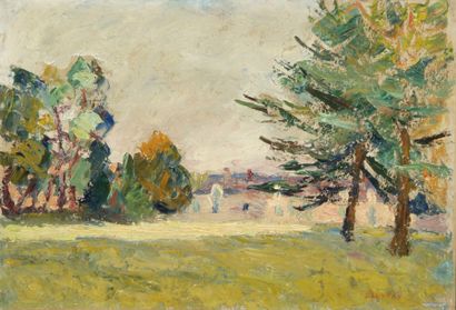 Abel LAUVRAY (1870-1950). Château de Meulins. Huile sur papier marouflé sur toile,...